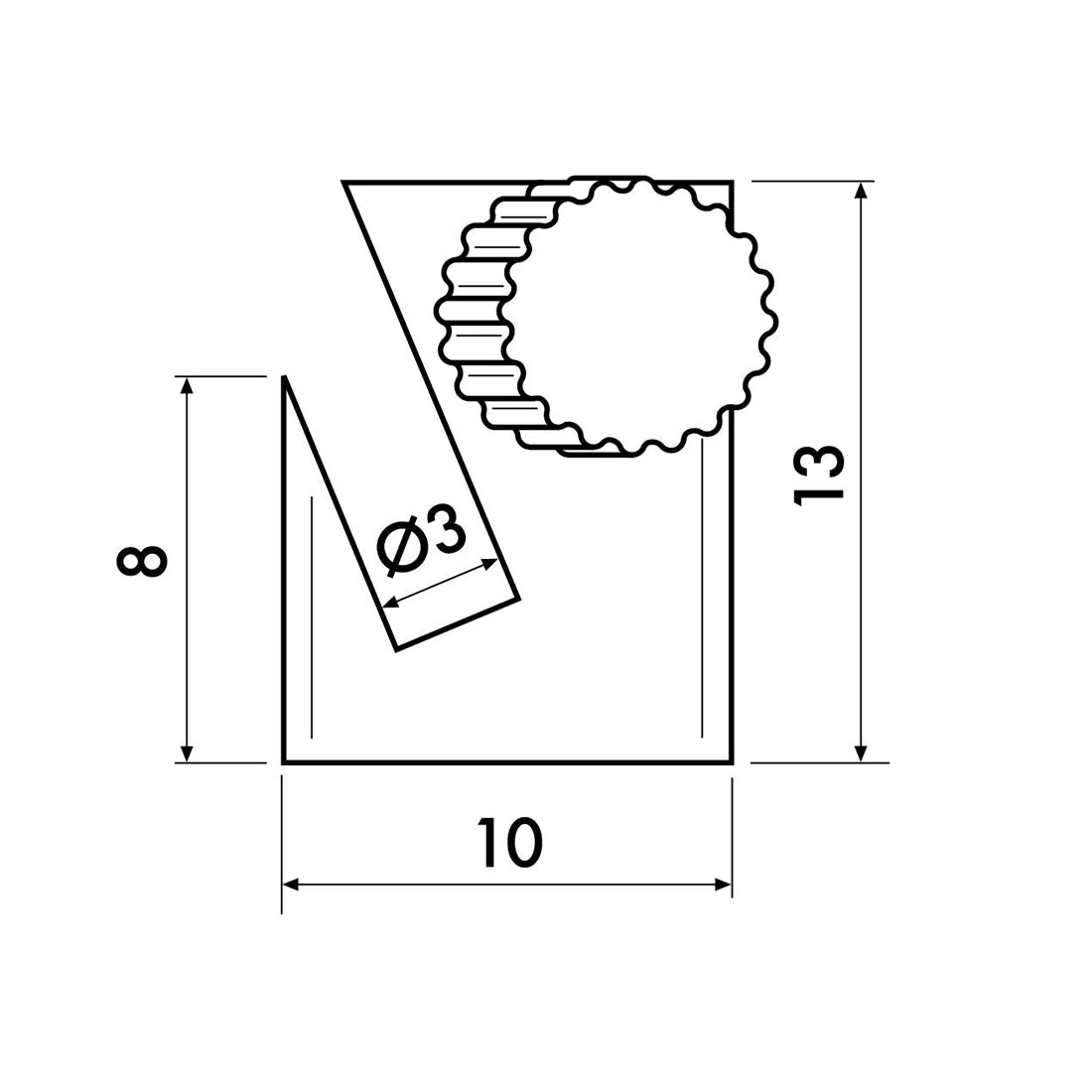 Lijntekening zijkant Rond Messing haak 5 kg