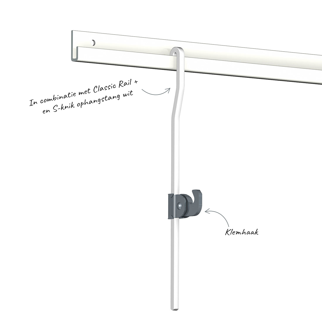 Klemhaak 20 kg in combinatie met classic rail + en de S-knip ophangstang