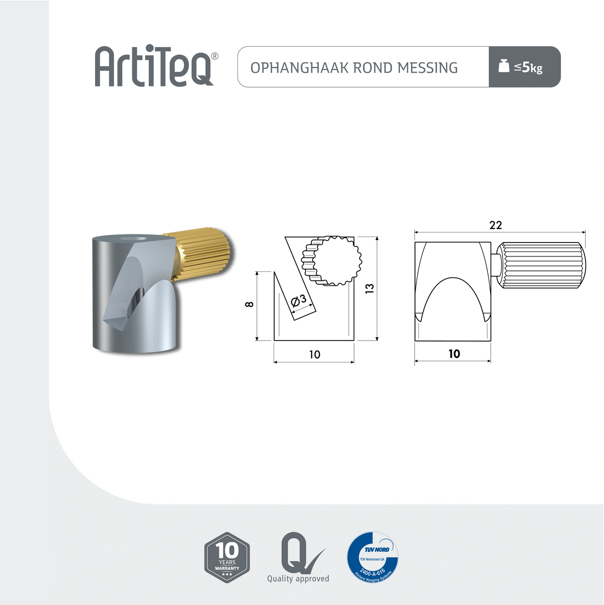 Artiteq Ophanghaak Rond Messing 5kg lijntekeningen