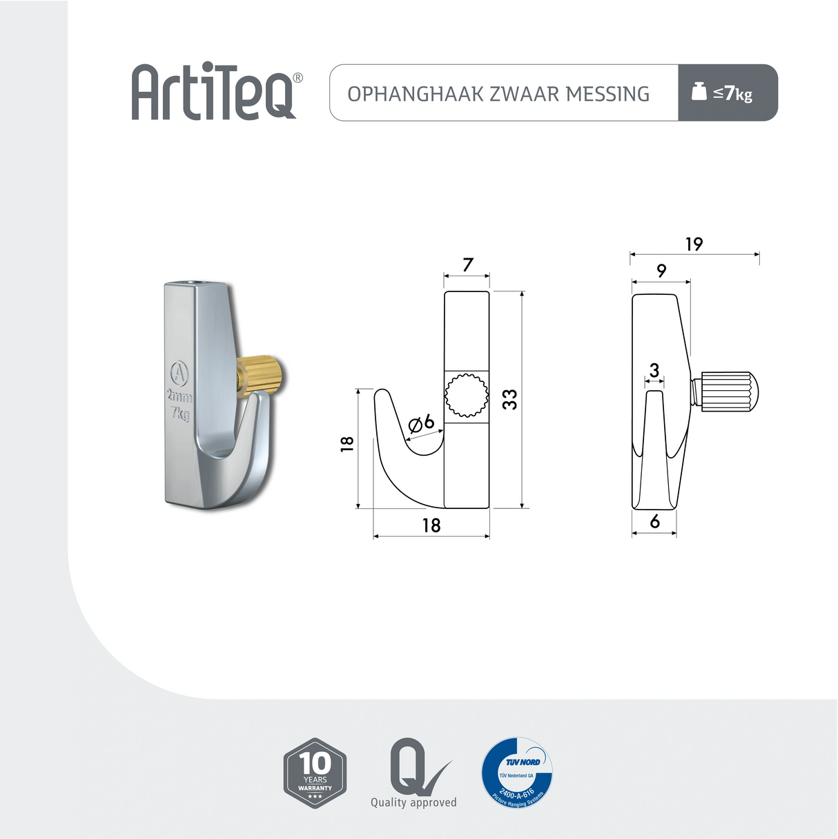 Artiteq Lijntekening Ophanghaak zwaar messing 7 kg