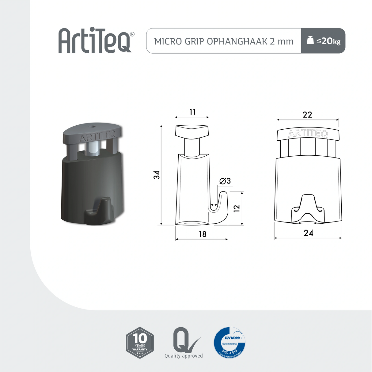 Lijntekening Artiteq Ophanghaak Micro Grip 20 kg