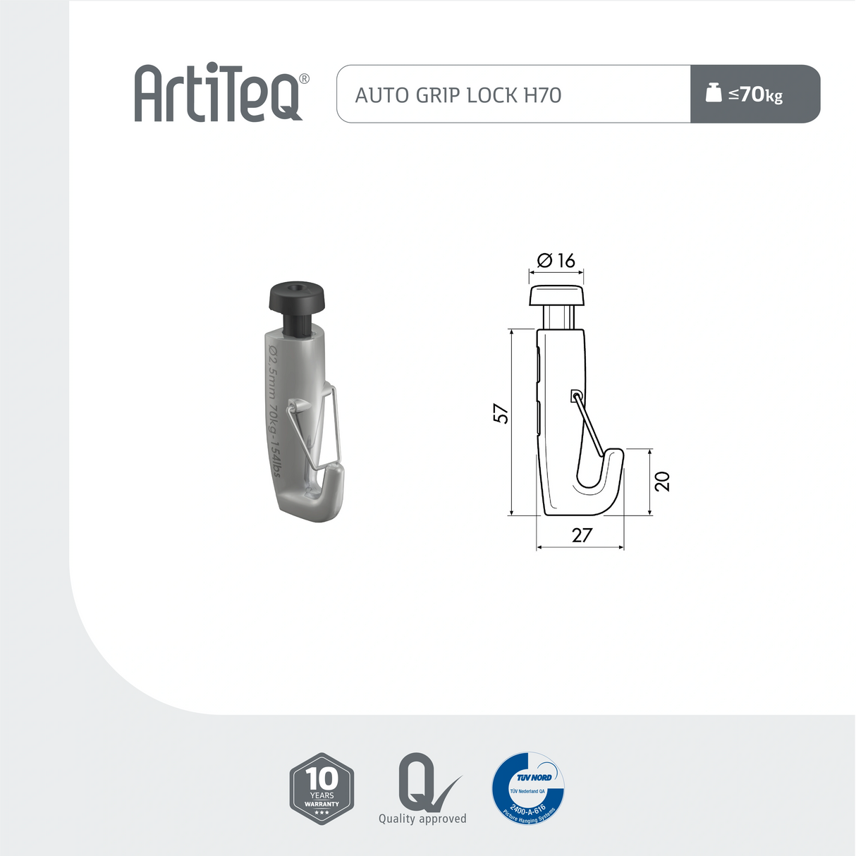 Lijntekening Newly H700 Hook Lock 70 kg