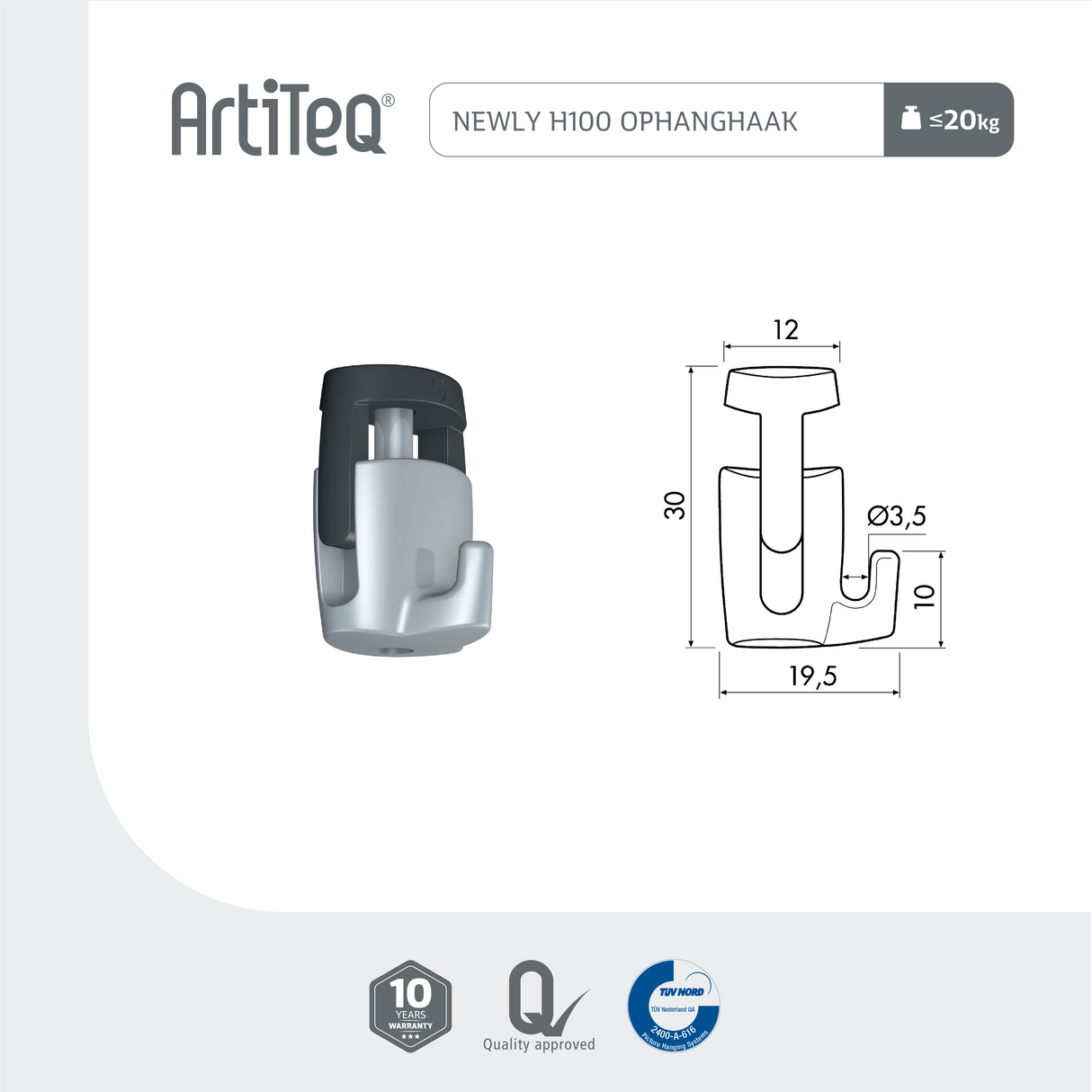 Lijntekening Newly Ophanghaak H100 20 kg