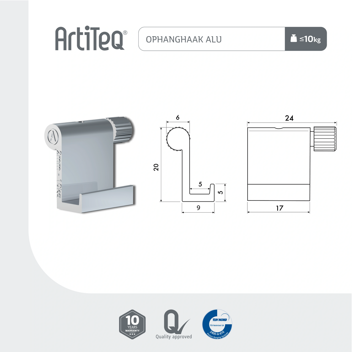 Lijntekening Artiteq Ophanghaak Alu 10 kg