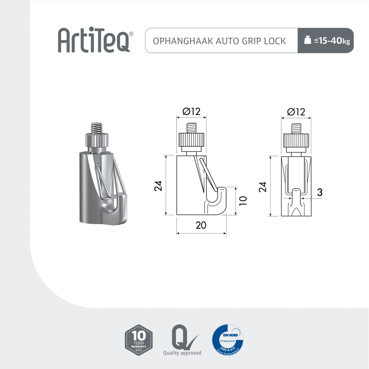 T&S Lijntekening Ophanghaak Auto Grip Lock 15-40 kg