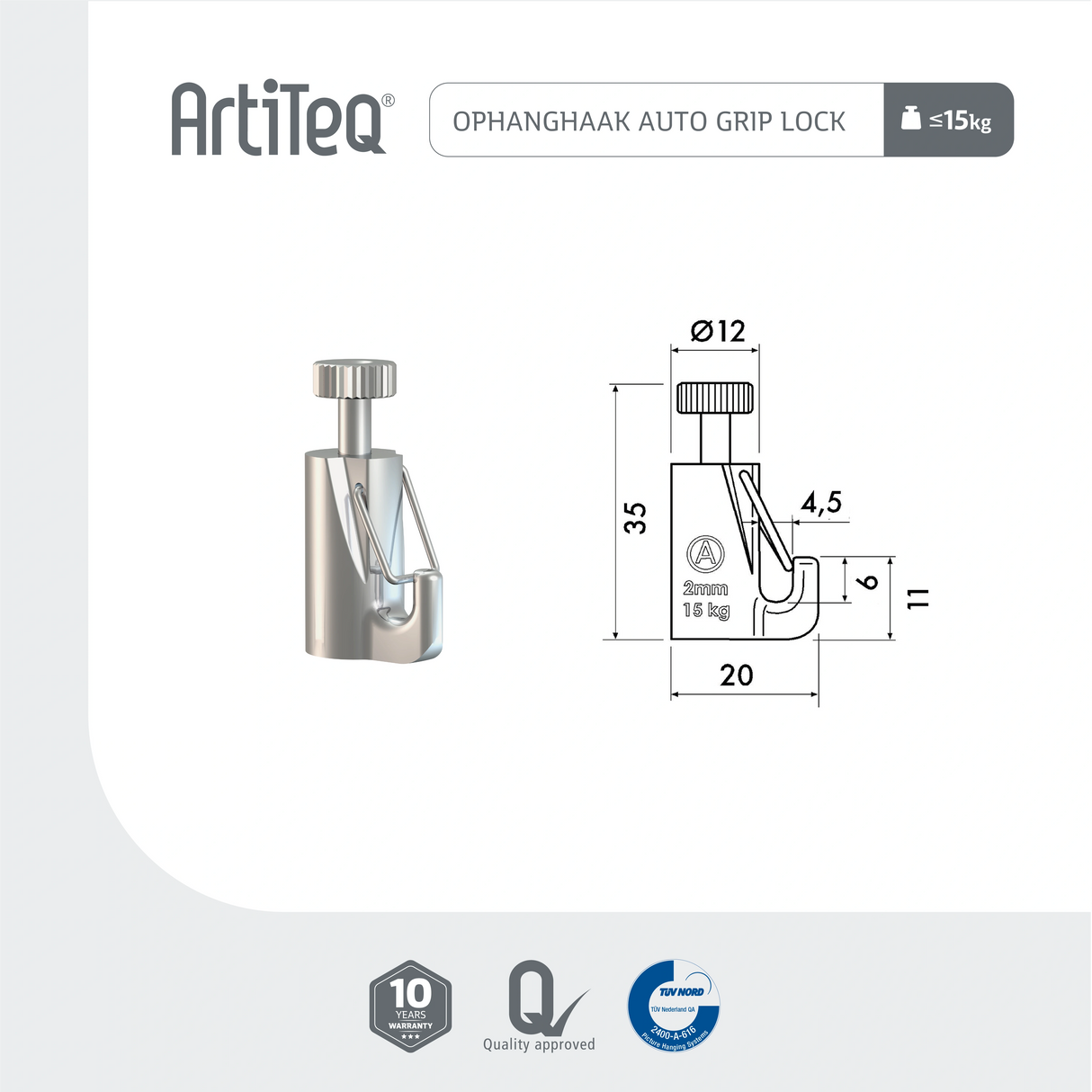 Lijntekening Artiteq Ophanghaak Auto Grip Lock 15 kg