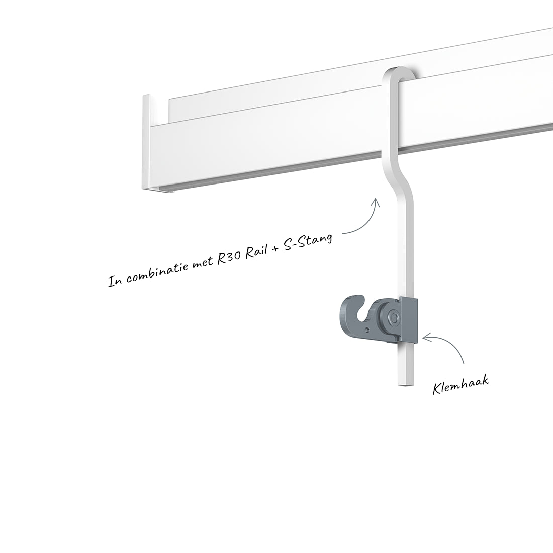 Klemhaak 20 kg in combinatie met de R30 Rail en S-Stang