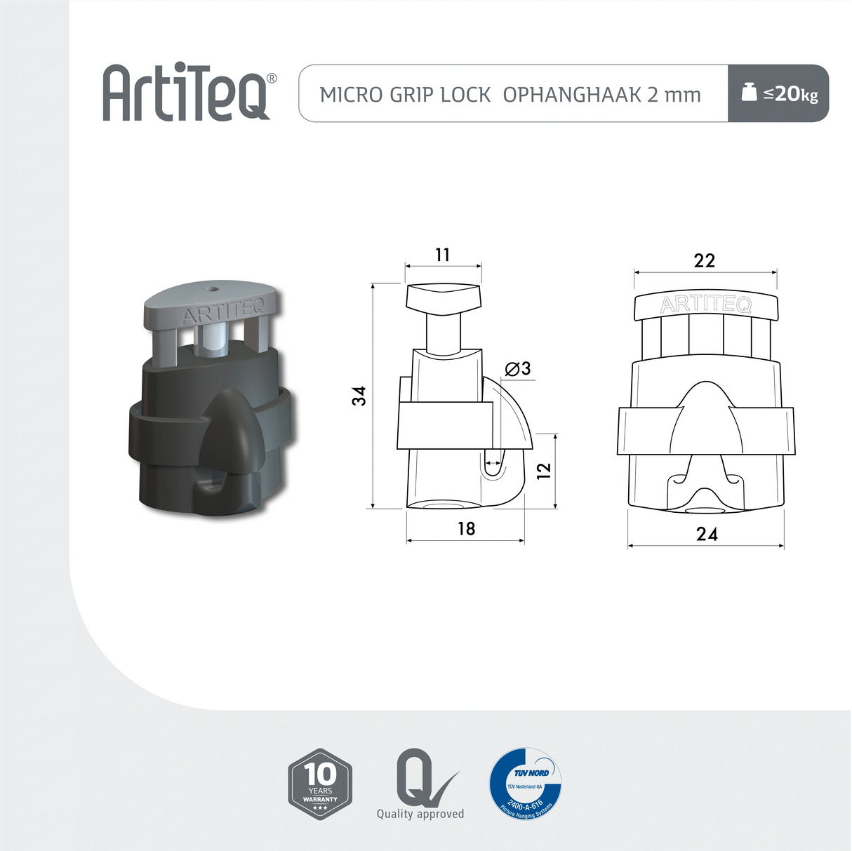Artiteq Lijntekening Ophanghaak Micro Grip Lock 20 kg