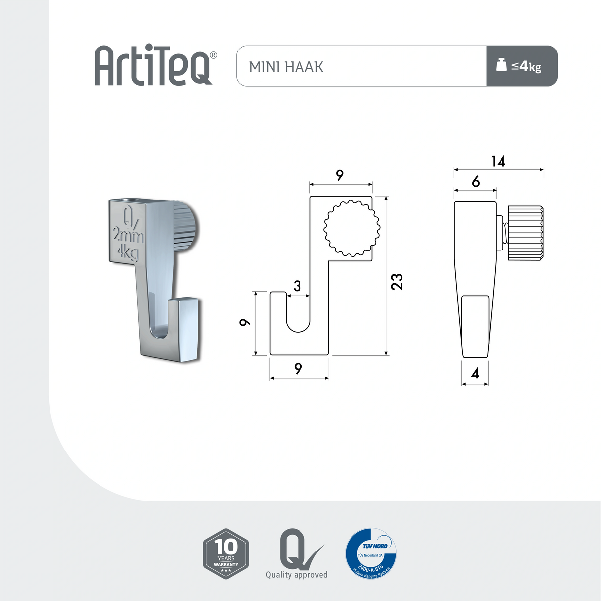 Lijntekening Artiteq Ophanghaak Mini Haak