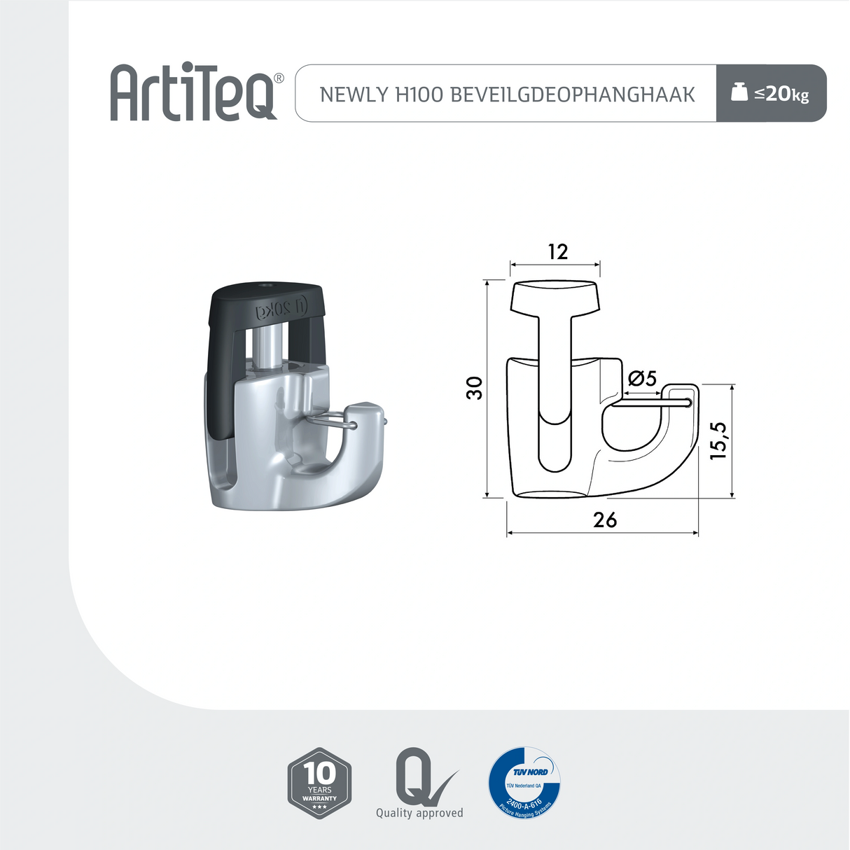 Lijntekening Newly Ophanghaak H100 beveiligd 20 kg