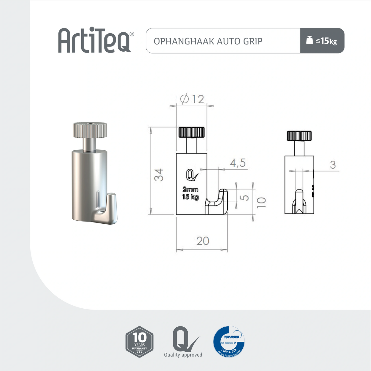 Artiteq Lijntekening Ophanghaak Auto Grip 15 kg